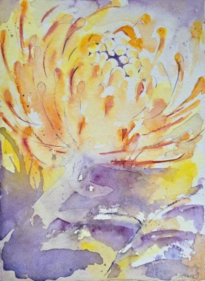 Aquarellbild einer abstrahierten stacheligen Blume in Orange und Lilatönen